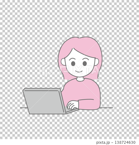 一幅簡單的線條畫，描繪了一位女性正在使用筆記型電腦。 138724630