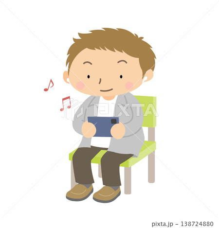 若い男性 イヤホンで音楽を聴く 座り姿 イラスト 138724880