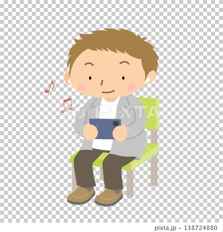 若い男性 イヤホンで音楽を聴く 座り姿 イラスト 138724880