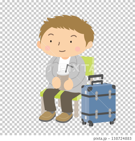 若い男性 キャリーバッグとコーヒーを持つ 座り姿 イラスト 若い男性 キャリーバッグとコーヒーを持つ 座り姿 イラスト 138724883