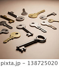 Ornate heirloom skeleton key placed on aged wood background 138725020