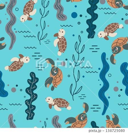 Childish underwater background featuring hand-drawn sea turtles and aquatic plants. Ideal for baby fabric, nursery wallpaper, and gift wrap. 138725080