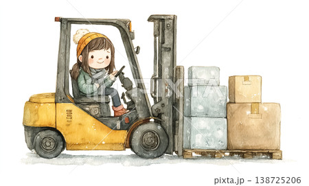 働く女性シリーズ：冷凍倉庫でフォークリフトを運転する女性作業員 138725206
