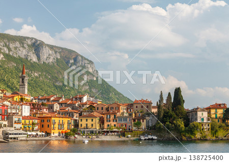 Varenna waterfront with bell tower Lake Como Italy 138725400