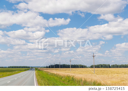Endless asphalt road stretching through a summer landscape of green fields under a sunny sky 138725415