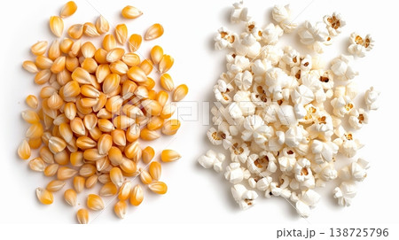 Two groups of corn kernels are shown, one before popping and the other after. The scene highlights the change from raw to snack food enjoyed by many Two groups of corn kernels are shown, one before popping and the other after. The scene highlights the change from raw to snack food enjoyed by many 138725796