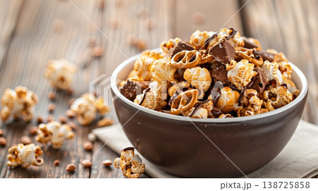 Popcorn is mixed with pretzels and chocolate in a bowl on a wooden table. Some snacks are spread around the bowl. This is a fun snack for any gathering Popcorn is mixed with pretzels and chocolate in a bowl on a wooden table. Some snacks are spread around the bowl. This is a fun snack for any gathering 138725858