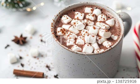 Cup of hot chocolate topped with marshmallows and a sprinkle of cinnamon sits on a table. Small decorative items surround the cup in a winter atmosphere Cup of hot chocolate topped with marshmallows and a sprinkle of cinnamon sits on a table. Small decorative items surround the cup in a winter atmosphere 138725916