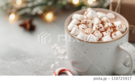 A cup filled with hot chocolate sits on a table. Marshmallows and cinnamon are on top. Soft lights and a wrapped gift create a festive mood 138725917