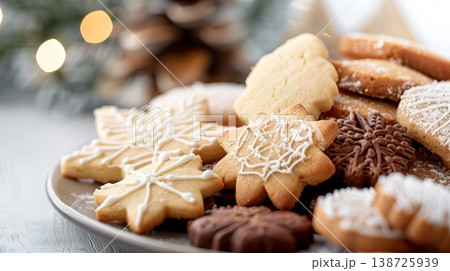 A plate holds a variety of Christmas cookies, including snowflakes and stars, placed on a table near festive decorations and holiday lights 138725939