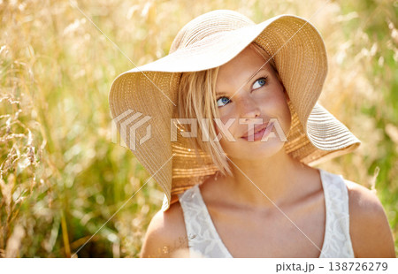 Woman, thinking and hat in wheat field or sunshine summer relax, look on farm. Female person, idea and grass straw meadow nature for fresh clean air countryside or plants park, weekend rest or rural 138726279