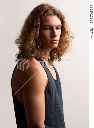 Thinking, casual and man with ideas, vest and confident guy on a white studio background. Person, guy and model with fashion, solution and daydreaming with ideas, problem solving and solution 138726351