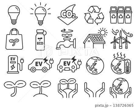 エコ・環境保護・SDGsのアイコン(線画)のイラストセット エコ・環境保護・SDGsのアイコン(線画)のイラストセット 138726365