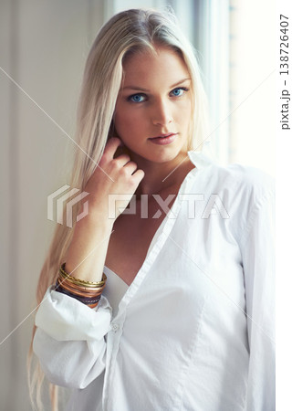 Portrait, woman and thinking for idea with fashion in bedroom with hand on face. Norway, female person and blonde hair for looking with expression for vision in clothes, casual and style with jewelry Portrait, woman and thinking for idea with fashion in bedroom with hand on face. Norway, female person and blonde hair for looking with expression for vision in clothes, casual and style with jewelry 138726407