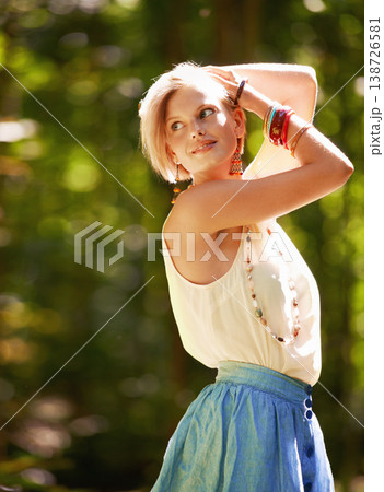 Woods, thinking and woman with sunshine, nature and ideas with tourism, adventure and countryside. Happy person, travelling and girl with happiness, summer and fantasy with a smile, relax and journey Woods, thinking and woman with sunshine, nature and ideas with tourism, adventure and countryside. Happy person, travelling and girl with happiness, summer and fantasy with a smile, relax and journey 138726581