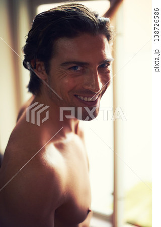 Topless, portrait or happy man in house with smile, wellness or confidence by window in the morning. Face, shirtless or proud person with positive mindset or health at home in Brazil to relax Topless, portrait or happy man in house with smile, wellness or confidence by window in the morning. Face, shirtless or proud person with positive mindset or health at home in Brazil to relax 138726586
