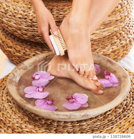 Beauty, pedicure and feet with flowers in water bowl for grooming, spa treatment and wellness. Luxury aesthetic, salon and toes with scrub brush for nail polish, cosmetics and skincare for pamper Beauty, pedicure and feet with flowers in water bowl for grooming, spa treatment and wellness. Luxury aesthetic, salon and toes with scrub brush for nail polish, cosmetics and skincare for pamper 138726606