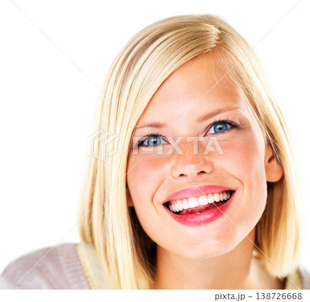 Woman, portrait and smile in studio for skincare, natural beauty and makeup on white background. Person, face and female with happiness for cosmetics, facial treatment and wellness, self care or joy Woman, portrait and smile in studio for skincare, natural beauty and makeup on white background. Person, face and female with happiness for cosmetics, facial treatment and wellness, self care or joy 138726668