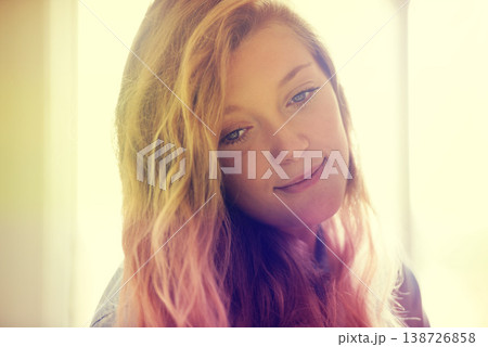 Face, thinking and a woman closeup in her home to relax on the weekend during a bright summer morning. Beauty, idea and inspiration with a happy young gen z person chilling alone in her apartment Face, thinking and a woman closeup in her home to relax on the weekend during a bright summer morning. Beauty, idea and inspiration with a happy young gen z person chilling alone in her apartment 138726858