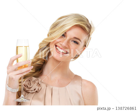 Portrait, champagne and toast with a classy woman isolated on a white background in studio for celebration. Smile, success and alcohol with a happy young person holding a glass at an elegant event Portrait, champagne and toast with a classy woman isolated on a white background in studio for celebration. Smile, success and alcohol with a happy young person holding a glass at an elegant event 138726861