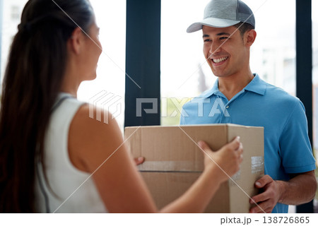 Front door, delivery guy or box of a happy customer for ecommerce distribution or online shopping. Shipping services, home or friendly courier man giving cardboard parcel, product or package to woman 138726865