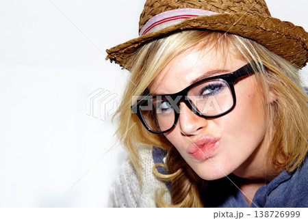 Portrait, fashion and pout with a funky woman in studio on space isolated against a white background. Face, glasses and expression of a young blonde person with a confident attitude on mockup Portrait, fashion and pout with a funky woman in studio on space isolated against a white background. Face, glasses and expression of a young blonde person with a confident attitude on mockup 138726999