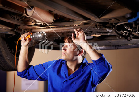 Car, maintenance or service with a mechanic man in a garage for a report on a vehicle repair for insurance. Inspection, professional and expertise with a young engineer in a workshop for assessment 138727016