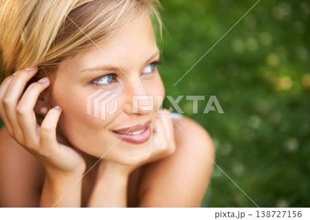 Thinking, outdoor and woman with nature, smile and fresh air with ideas, daydreaming and summer. Park, person and girl with wonder, choice and calm with peace, grass and environment with decision Thinking, outdoor and woman with nature, smile and fresh air with ideas, daydreaming and summer. Park, person and girl with wonder, choice and calm with peace, grass and environment with decision 138727156
