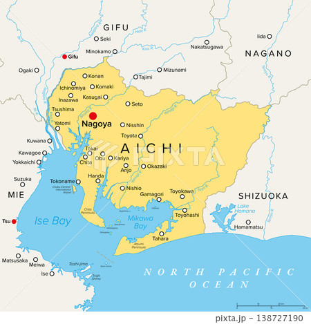 Aichi Prefecture of Japan, political map with capital Nagoya. Located in the Chubu region of Honshu, bordering the prefectures Mie, Gifu, Nagano, and Shizuoka, facing the Ise and Mikawa Bays. Vector Aichi Prefecture of Japan, political map with capital Nagoya. Located in the Chubu region of Honshu, bordering the prefectures Mie, Gifu, Nagano, and Shizuoka, facing the Ise and Mikawa Bays. Vector 138727190