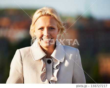 Woman, fashion and smile for winter, city and portrait in morning sunrise, beauty and outdoor. Holiday, happy and joy for vacation, canada and jacket for warmth, break and enjoying, alone and town Woman, fashion and smile for winter, city and portrait in morning sunrise, beauty and outdoor. Holiday, happy and joy for vacation, canada and jacket for warmth, break and enjoying, alone and town 138727217