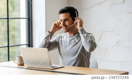 Modern Workspace with Wireless Headset User 138727249