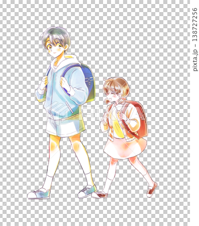 並んで歩く笑顔の男女の児童 138727256
