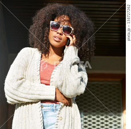 Sunglasses, face and black woman with phone call outdoor for contact, chat or communication with weekend online. Smartphone, conversation and fashionable African lady person outside talking or relax Sunglasses, face and black woman with phone call outdoor for contact, chat or communication with weekend online. Smartphone, conversation and fashionable African lady person outside talking or relax 138727262