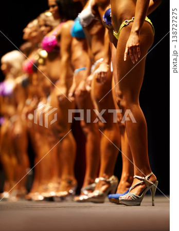 Woman, fitness and line of professional bodybuilder or beauty pageant for sports, judge or competition. Female person or muscular group of models standing in confidence, underwear or lingerie contest Woman, fitness and line of professional bodybuilder or beauty pageant for sports, judge or competition. Female person or muscular group of models standing in confidence, underwear or lingerie contest 138727275