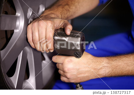 Hands, mechanic and change wheel in shop, electric drill and car service or auto repairs for maintenance. Technician, person and tire safety for automobile, rim and vehicle inspection in workshop Hands, mechanic and change wheel in shop, electric drill and car service or auto repairs for maintenance. Technician, person and tire safety for automobile, rim and vehicle inspection in workshop 138727317