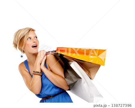 Woman, wow and shopping bag for discount, sale and retail giveaway or competition on a white background. Happy customer or excited person with surprise for announcement, winning and fashion in studio Woman, wow and shopping bag for discount, sale and retail giveaway or competition on a white background. Happy customer or excited person with surprise for announcement, winning and fashion in studio 138727396