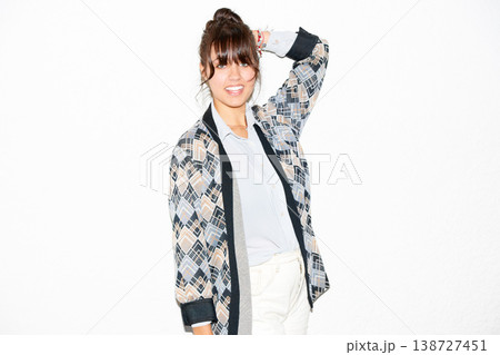 Fashion, happy and portrait of woman on a white background with confidence, natural beauty and smile. Cosmetics, glamour and isolated person in trendy clothes, casual outfit and style in studio Fashion, happy and portrait of woman on a white background with confidence, natural beauty and smile. Cosmetics, glamour and isolated person in trendy clothes, casual outfit and style in studio 138727451