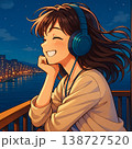 夜景バルコニーで音楽を楽しむヘッドフォンのアニメ少女【AI生成イラスト】 138727520