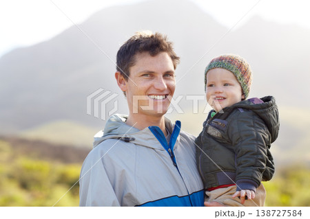 Portrait, father and child for hiking in mountains for wellness, travel or fun. Sweden, man and baby for smile, happy or excited in quality time, together and fresh air on trip for love, care or bond Portrait, father and child for hiking in mountains for wellness, travel or fun. Sweden, man and baby for smile, happy or excited in quality time, together and fresh air on trip for love, care or bond 138727584