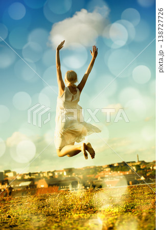 Woman, jumping and freedom with back, vacation, and outdoor for holiday, bokeh and city. Confident, energy and urban area for break, getaway and carefree with sky, barefoot and amsterdam spring time Woman, jumping and freedom with back, vacation, and outdoor for holiday, bokeh and city. Confident, energy and urban area for break, getaway and carefree with sky, barefoot and amsterdam spring time 138727726