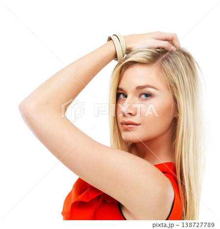 Confident, fashion and portrait of woman on a white background with pride, cosmetics and beauty. Aesthetic, face and isolated person in red clothes for stylish outfit, style and elegant in studio Confident, fashion and portrait of woman on a white background with pride, cosmetics and beauty. Aesthetic, face and isolated person in red clothes for stylish outfit, style and elegant in studio 138727789