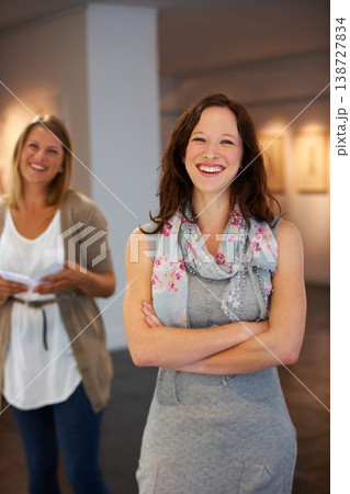 Smile, arms crossed and portrait of a woman with pride in art, exhibition and work at a gallery. Happy, learning and a museum manager or employee at a job for creativity, teaching and culture 138727834