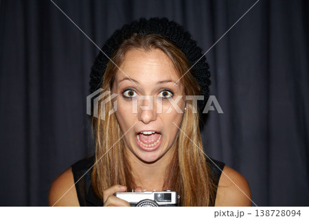 Shock, photography and portrait of woman with camera for creative and art career by curtain. Surprise, scream and young female person from Australia with wow or omg face expression and dslr equipment Shock, photography and portrait of woman with camera for creative and art career by curtain. Surprise, scream and young female person from Australia with wow or omg face expression and dslr equipment 138728094