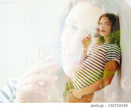 Portrait, man and smoking of cigarette for double exposure for fashion, clothes or style. Sweden, male model and pose with natural, cool and curly hair in space for tobacco, trendy and casual Portrait, man and smoking of cigarette for double exposure for fashion, clothes or style. Sweden, male model and pose with natural, cool and curly hair in space for tobacco, trendy and casual 138728100
