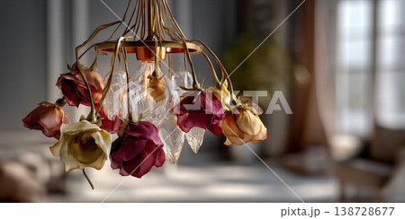 Vintage floral illumination. Floweradorned hanging lamp creating warm nostalgic ambiance Vintage floral illumination. Floweradorned hanging lamp creating warm nostalgic ambiance 138728677