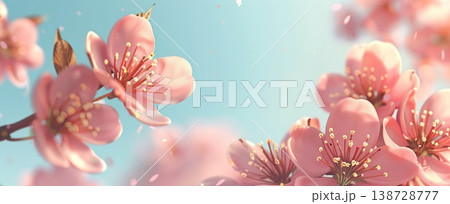 Pink cherry blossoms fill the scene under a clear blue sky. Petals scatter gently in the warm breeze as spring brings the flowers to life Pink cherry blossoms fill the scene under a clear blue sky. Petals scatter gently in the warm breeze as spring brings the flowers to life 138728777