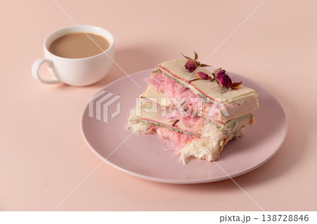 Pastel dessert stack with cotton texture minimal aesthetic composition 138728846