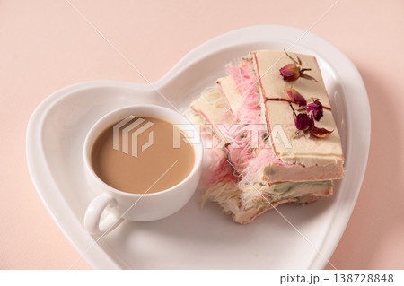 Dessert with coffee on heart shaped plate romantic breakfast concept 138728848