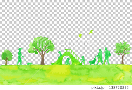 A watercolor illustration of trees and people in a park. 138728853