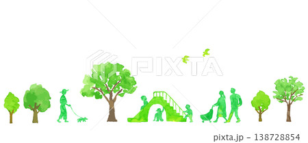 水彩画による公園の背景素材　緑の木々と人々　 138728854